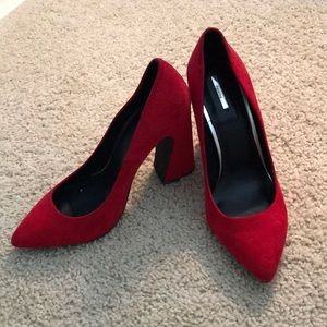 ASOS pointed toe bright red block heels